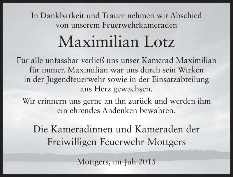  Traueranzeige für Maximilian Lotz vom 03.07.2015 aus 