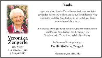 Traueranzeige von Veronika Zengerle 