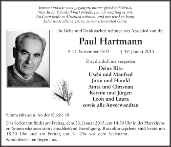 Traueranzeige von Paul Hartmann 