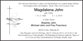 Traueranzeige von Magdalena Jehn 