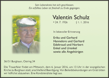 Traueranzeige von Valentin Schulz 
