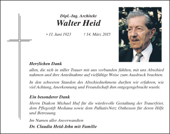 Traueranzeige von Walter Heid 