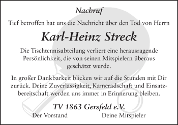 Traueranzeige von Karl-Heinz Streck 