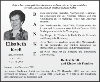 Traueranzeige von Elisabeth Kreß 