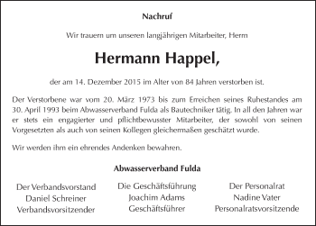 Traueranzeige von Hermann Happel 