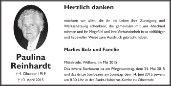 Traueranzeige von Paulina Reinhardt 