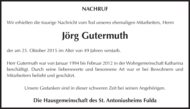  Traueranzeige für Jörg Gutermuth vom 30.10.2015 aus 
