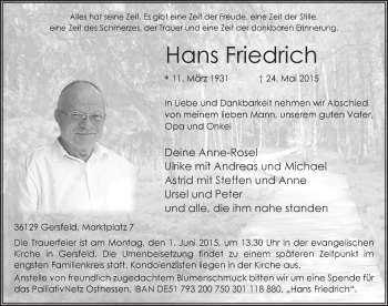 Traueranzeige von Hans Friedrich 