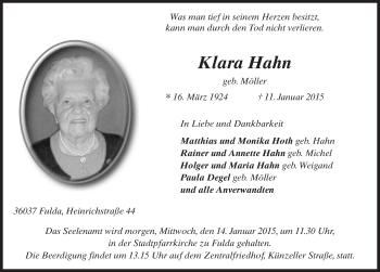 Traueranzeige von Klara Hahn 