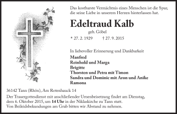 Traueranzeige von Edeltraud Kalb 