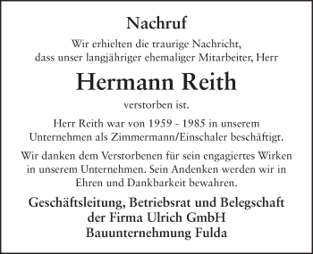 Traueranzeige von Hermann Reith 