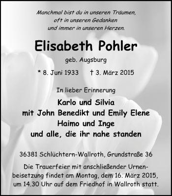 Traueranzeige von Elisabeth Pohler 