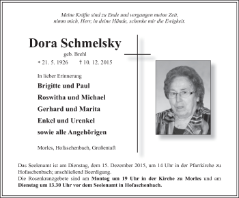Traueranzeige von Dora Schmelsky 