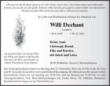 Traueranzeige von Willi Dechant 