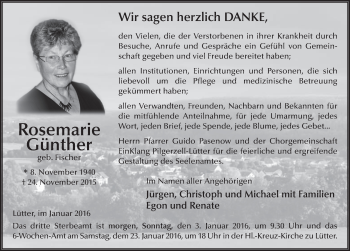 Traueranzeige von Rosemarie Günther 
