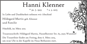 Traueranzeige von Hanni Klenner 