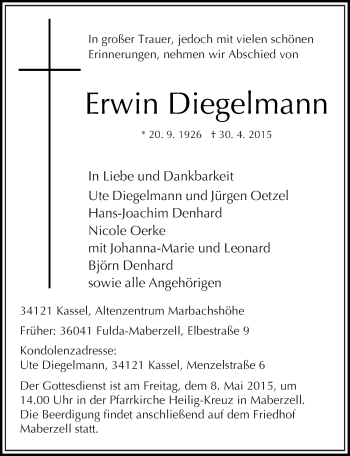 Traueranzeige von Erwin Diegelmann 