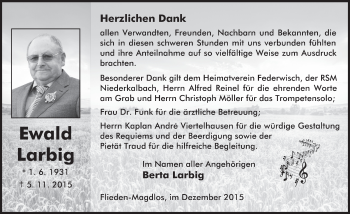 Traueranzeige von Ewald Larbig 