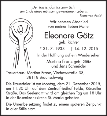 Traueranzeige von Eleonore Götz 