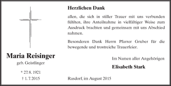 Traueranzeige von Maria Reisinger 