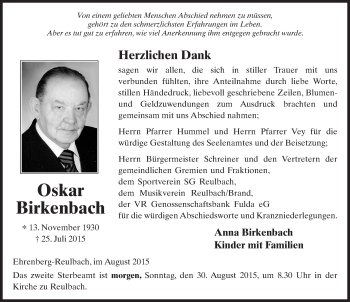 Traueranzeige von Oskar Birkenbach 