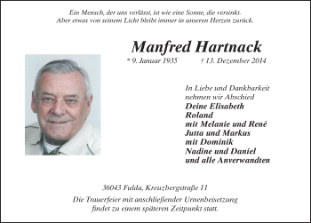 Traueranzeige von Manfred Hartnack 