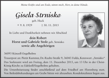 Traueranzeige von Gisela Strnisko 
