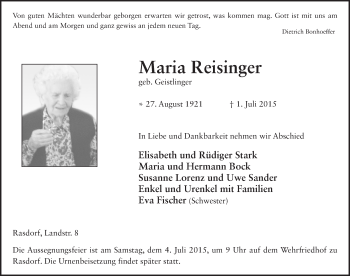 Traueranzeige von Maria Reisinger 