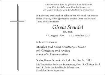 Traueranzeige von Gisela Steudel 