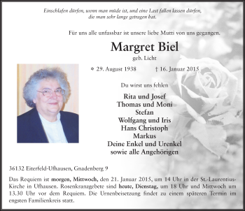 Traueranzeige von Margret Biel 