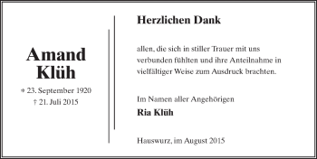 Traueranzeige von Amand Klüh 