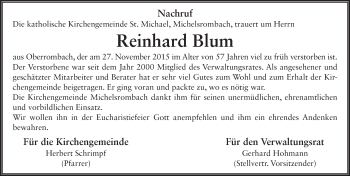 Traueranzeige von Reinhard Blum 
