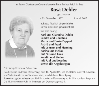 Traueranzeige von Rosa Dehler 