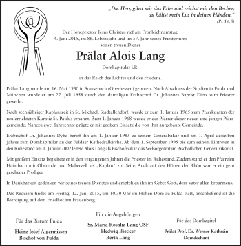 Traueranzeige von Aloys Lang 