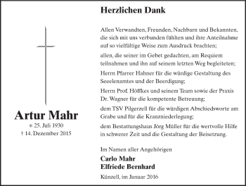Traueranzeige von Artur Mahr 