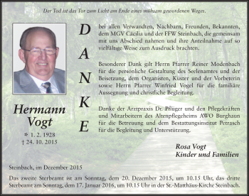 Traueranzeige von Hermann Vogt 