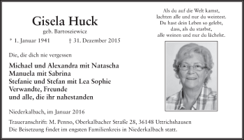 Traueranzeige von Gisela Huck 