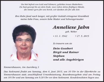 Traueranzeige von Anneliese Jahn 