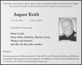 Traueranzeige von August Reith 