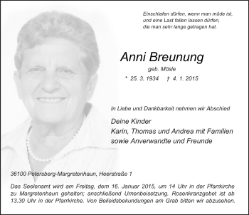 Traueranzeige von Anni Breunung 