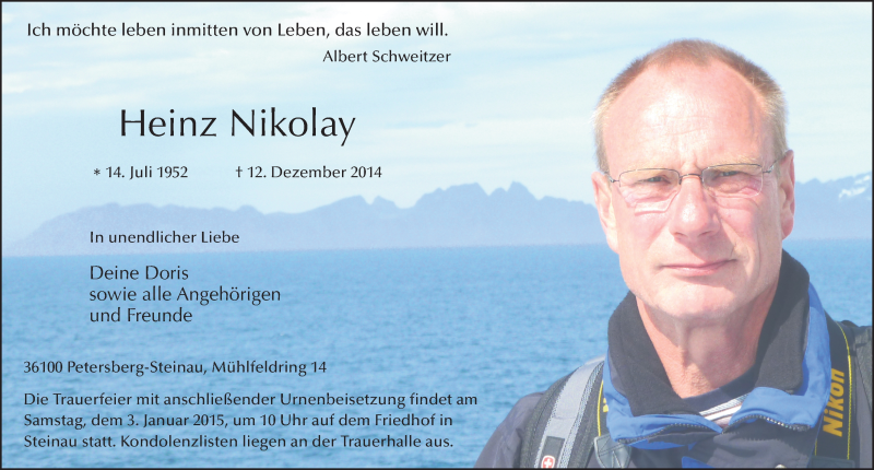  Traueranzeige für Heinz Nikolay vom 29.12.2014 aus 