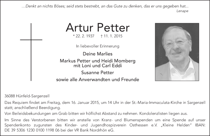  Traueranzeige für Artur Petter vom 13.01.2015 aus 