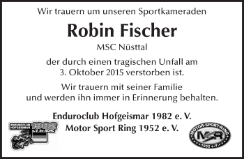 Traueranzeige von Robin Fischer 