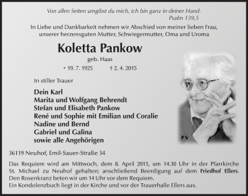 Traueranzeige von Koletta Pankow 
