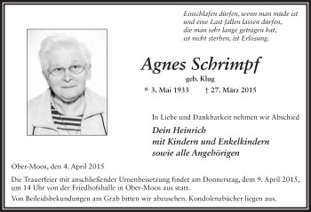 Traueranzeige von Agnes Schrimpf 