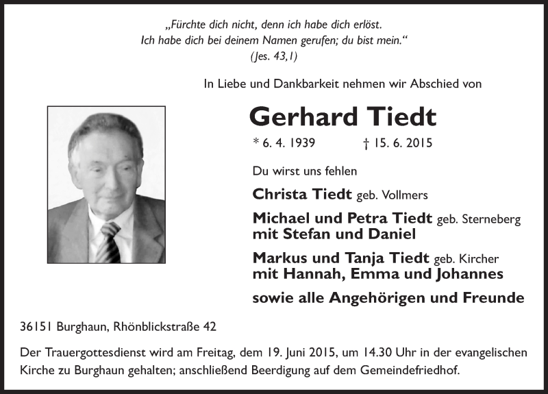  Traueranzeige für Gerhard Tiedt vom 17.06.2015 aus 