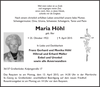Traueranzeige von Maria Höhl 