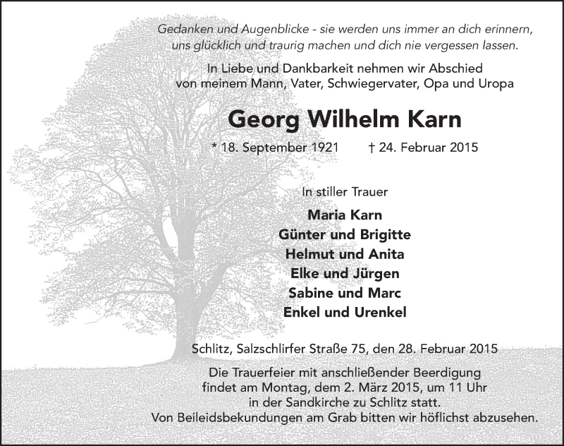  Traueranzeige für Georg Wilhelm Karn vom 28.02.2015 aus 