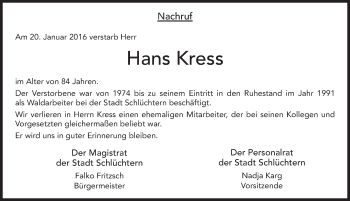Traueranzeige von Hans Kress 