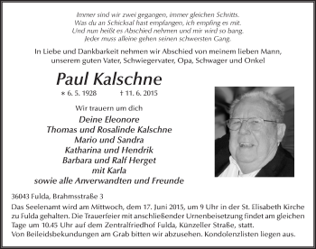 Traueranzeige von Paul Kalschne 